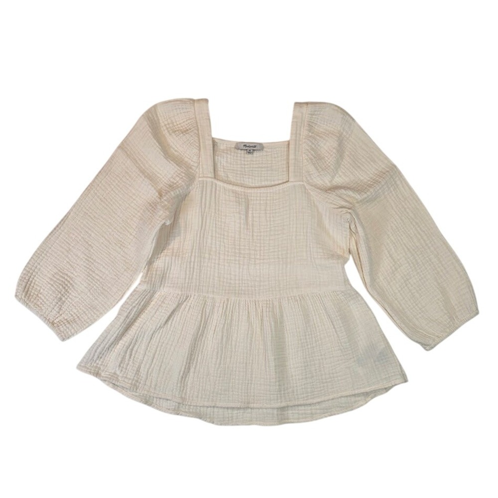 Madewell‎ XS Lightspun Millbrook Peplum Top Ivory Gauze Puff Sleeve Square Neck